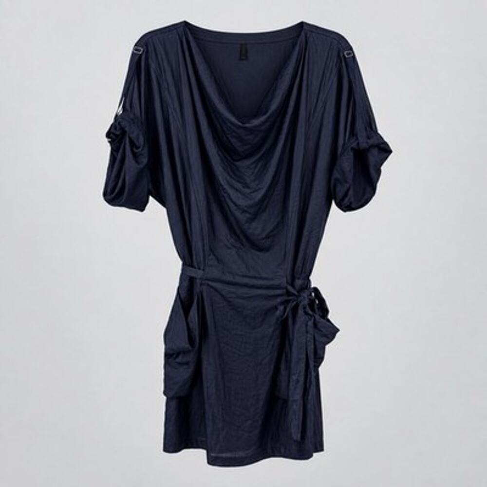 BCBGMAXAZRIA Wet Look Mini Dress XXS Dolman Sleeve Dark Blue Cowl Neck Retro